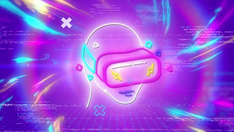 animación de la cabeza con auriculares vr sobre luces púrpuras y azules en el espacio digital