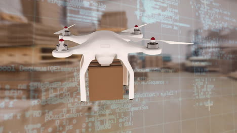 drone carrying a boxy hovering in a warehouse