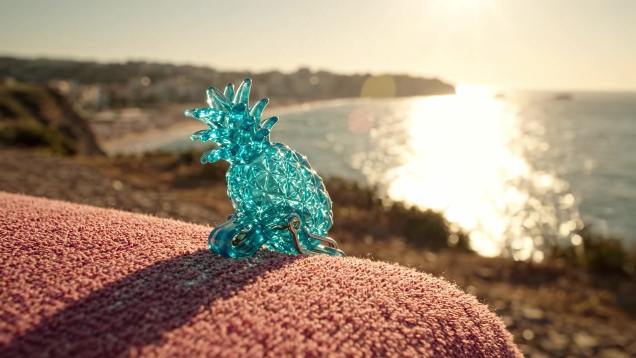 Una brillante escultura de piña de cristal azul posada sobre una acogedora superficie rosa, con vistas a una impresionante costa al atardecer, capturando un momento de serenidad y belleza