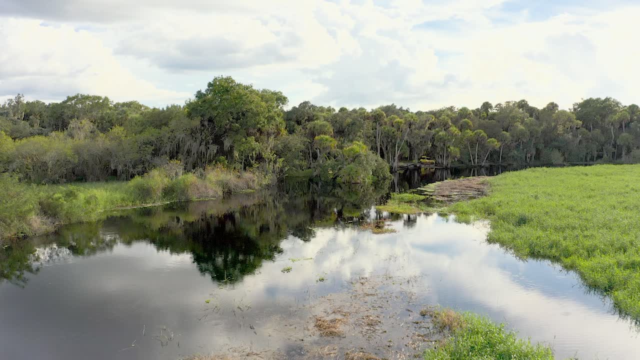 Aerial drone footage captures a tranquil river winding through a lush green wetland, its surface reflecting the surrounding trees and sky Myakka River State Park Florida
