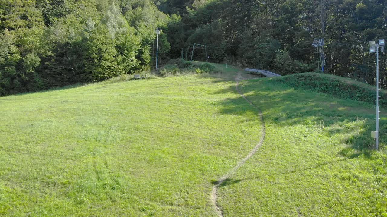 Forward moving aerial from the vacant green park into the wilderness, with thick dense trees