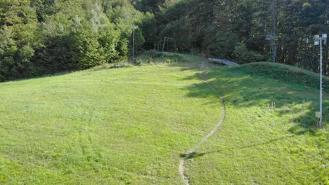 Forward-moving-aerial-from-the-vacant-green-park-into-the-wilderness,-with-thick-dense-trees