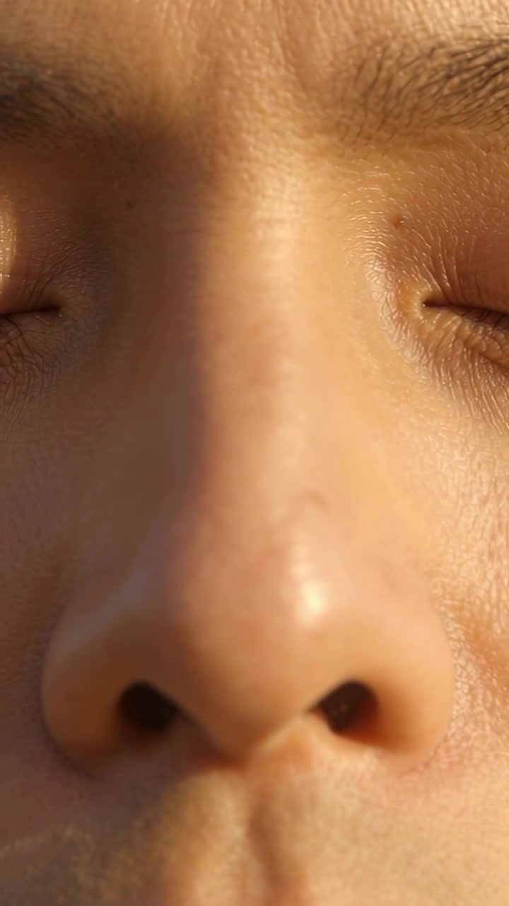 Vertical video: Recording starting male face breathing with closed eyes at tight closeup, nose lit