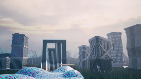 paisaje urbano futurista con rascacielos y turbinas eólicas