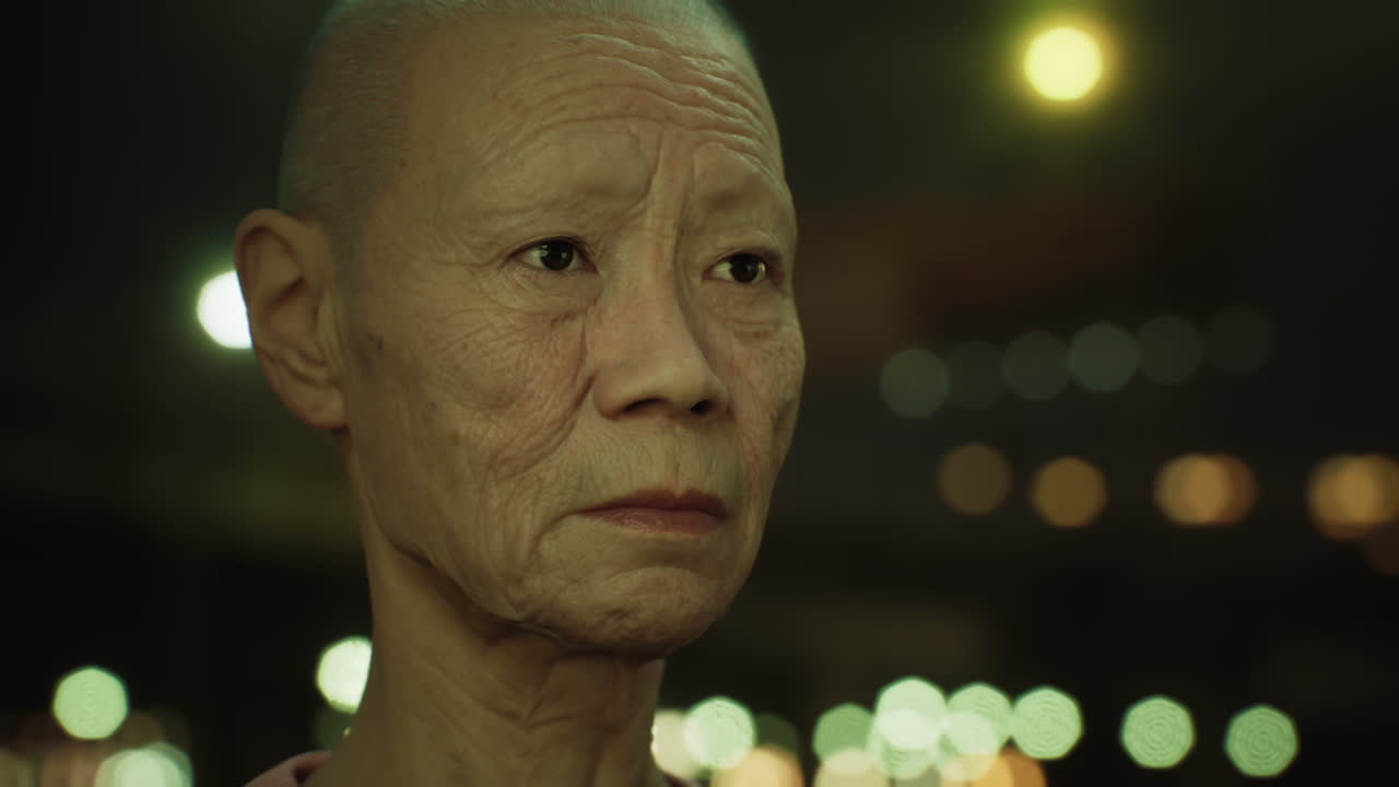 밤에 도시에 있는  ⁇ 은 아시아 여인