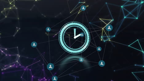 animación de iconos de medios y reloj moviéndose sobre fondo negro