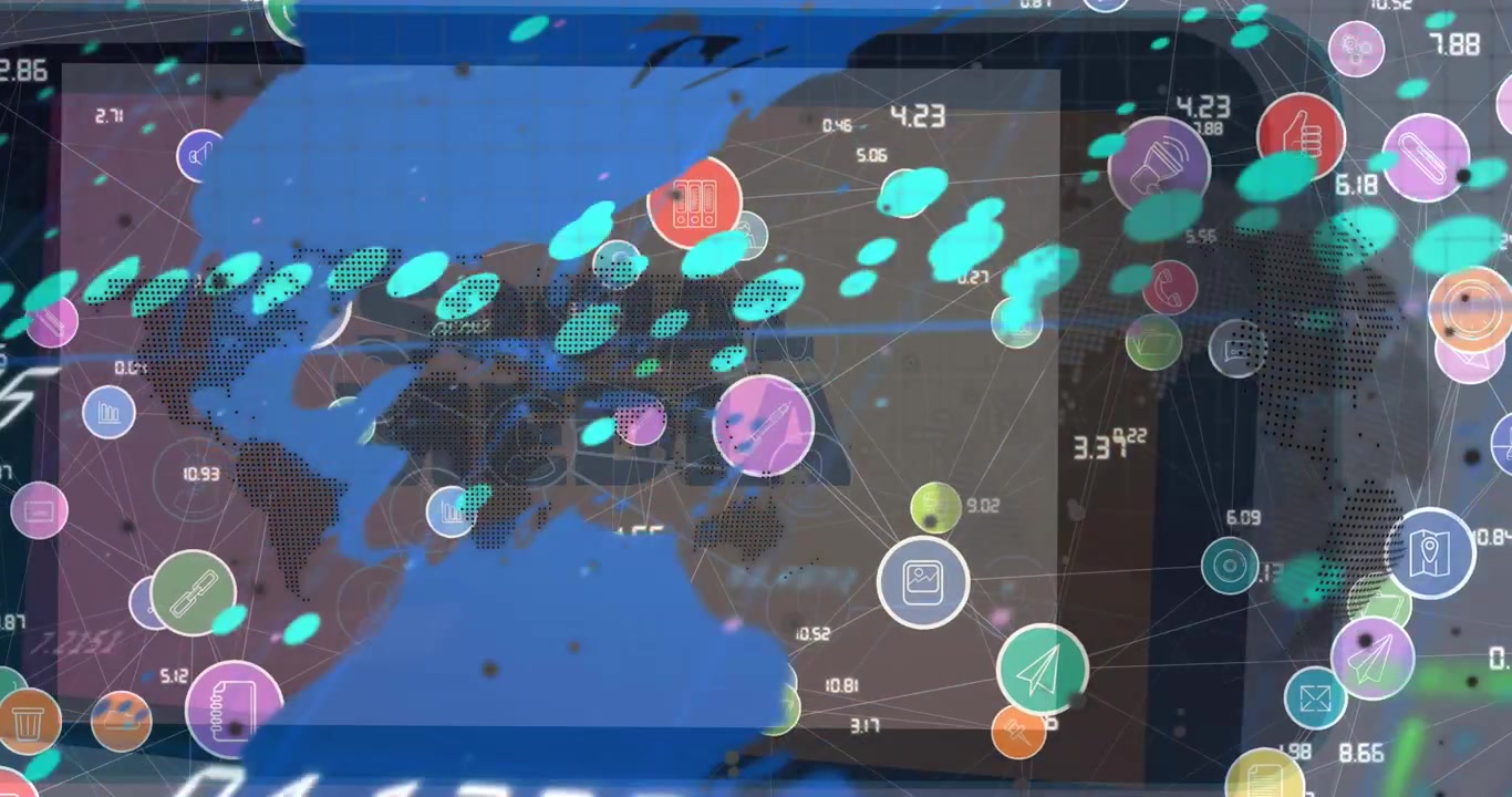 Animation of graphs, connections with icons and world map over social media on smartphone