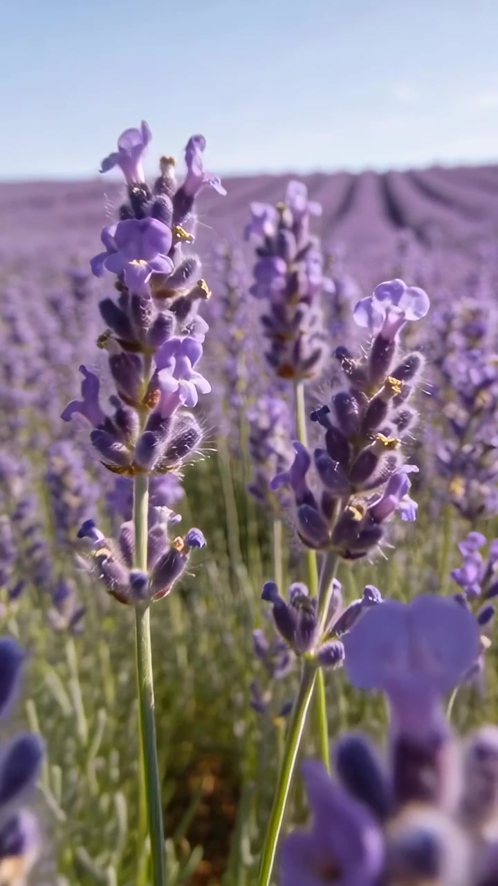 Video verticale: Telecamera che si allontana rivelando una spiga di lavanda che ondeggia tra le file, con ape e seta