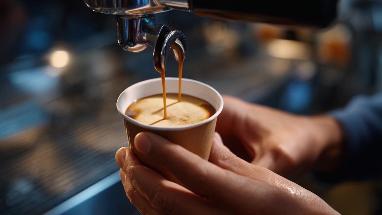 Un Barista Esperto Prepara con Maestria un Ricco Espresso, Evidenziando il Processo di Versamento in una Piccola Tazza Ecologica con Aromi Cremosi che Riempiono l'Aria