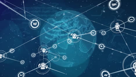 animation of network of connections with icons over globe with data processing on blue background