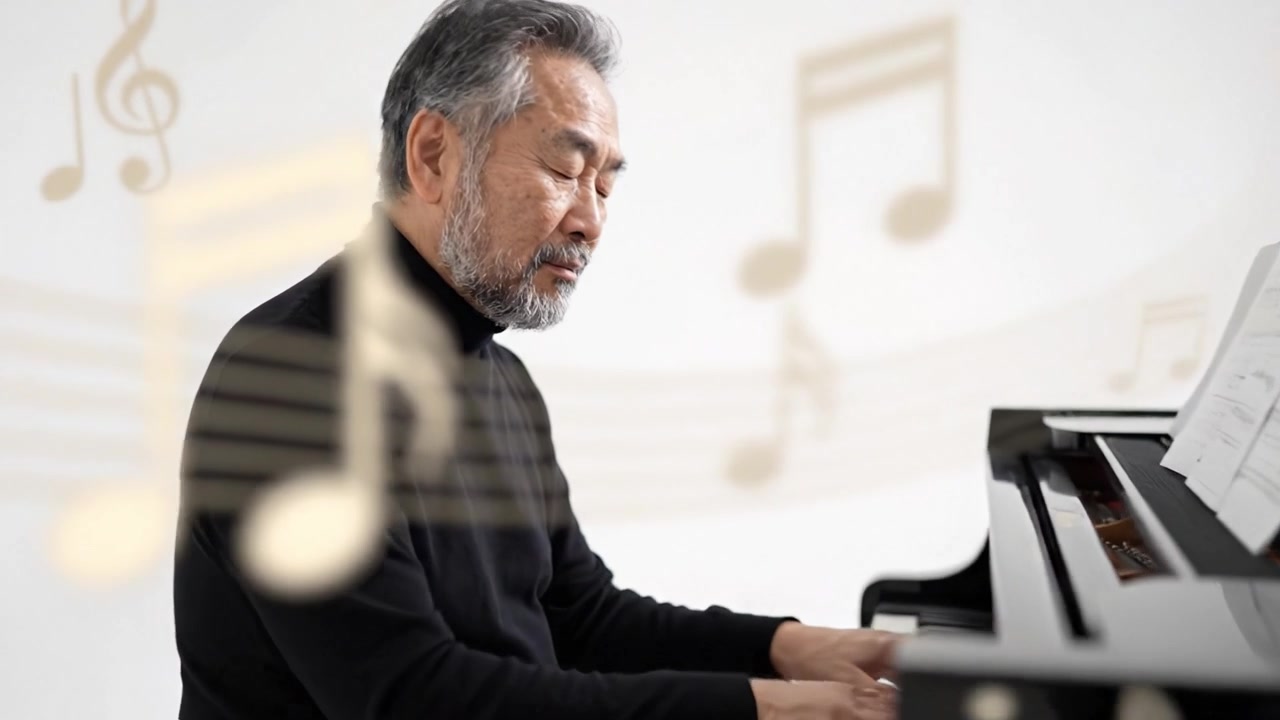 En ældre pianist fortabt i melodier: Fanger essensen af musik og følelser gennem majestætisk klaveroptræden i fredfyldte omgivelser.