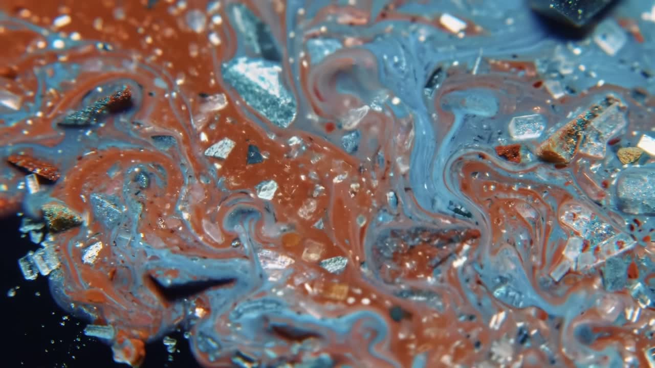 Colorful Patterns Emerge in Swirling Paint and Rocks During Artistic Creation Process