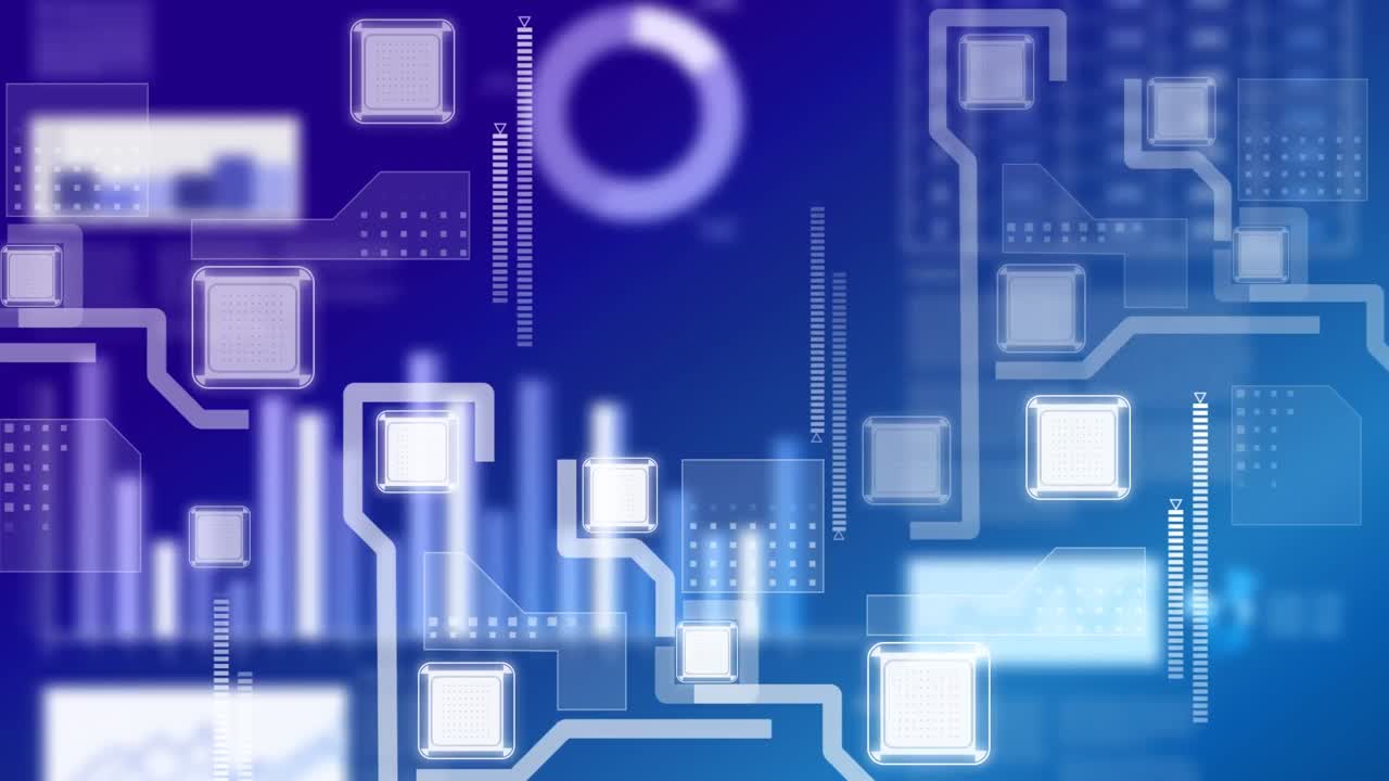 파란색 배경에 데이터 처리 및 모양의 애니메이션