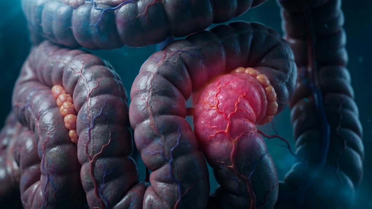 Primo piano in rendering 3D dell'intestino umano con una sezione infiammata rosso brillante visibile