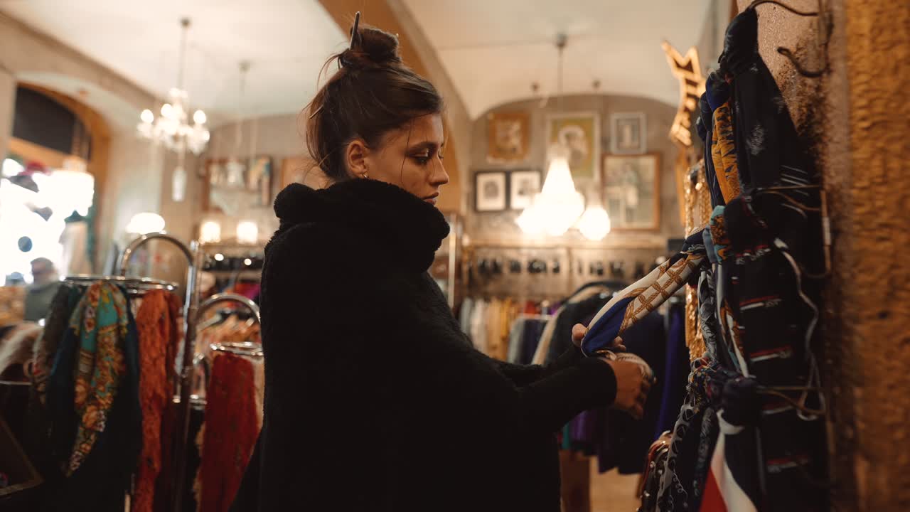 Woman shopping for scarves in a vintage store