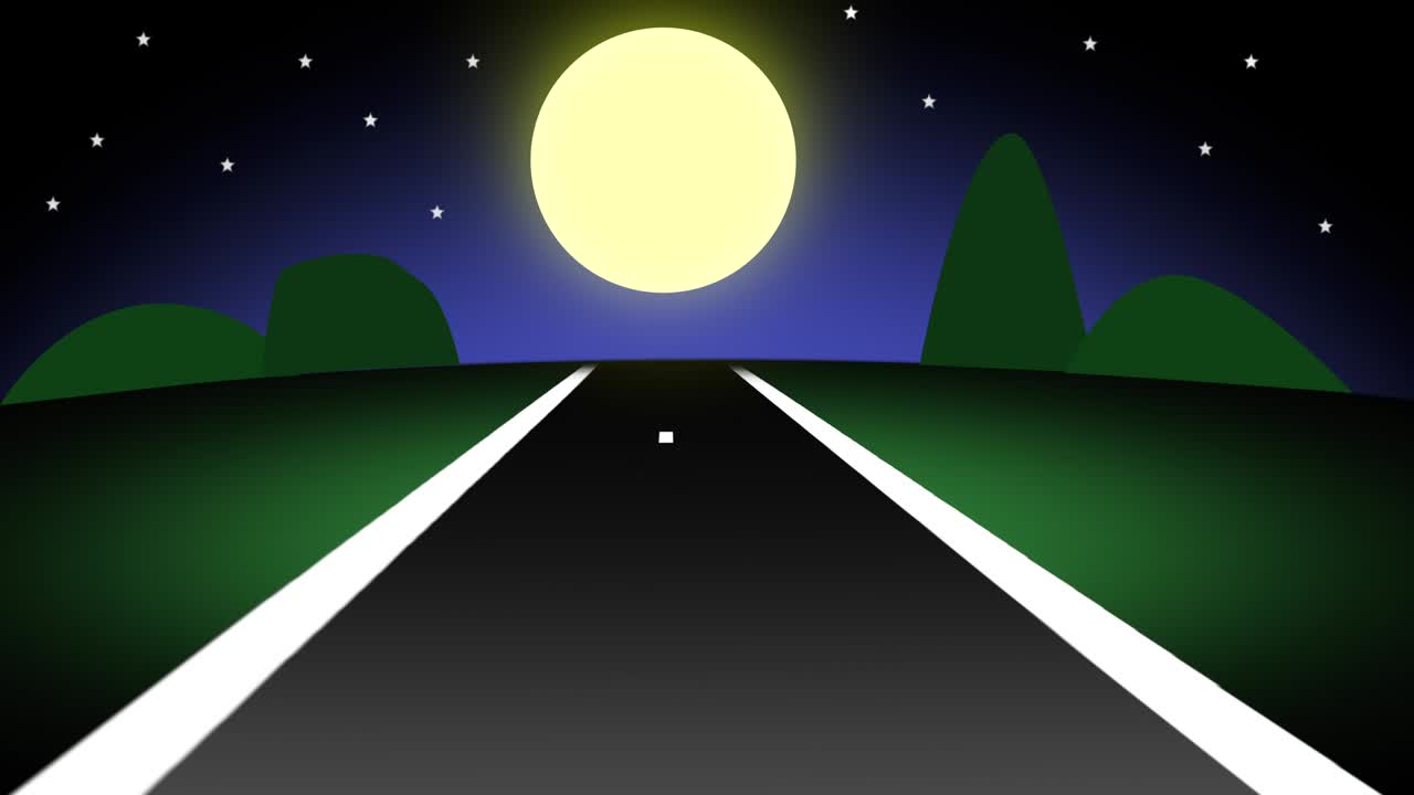 Highway road at night with animated tiny stars and big moon with space to insert your text or logo, seamless loop. 4k
