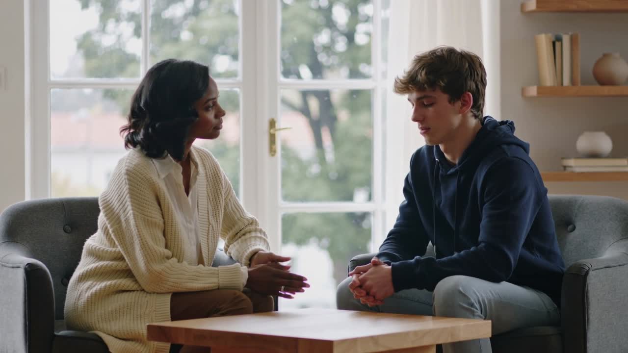 Speaking woman in cardigan leaning, gesturing, calming teen in hoodie at home, with coffee table