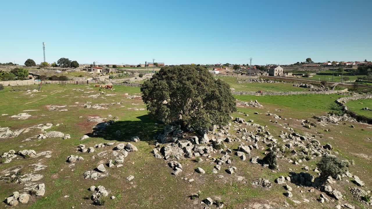 vista excepcional de una casa en ruinas rodeada de rocas de granito y una encina