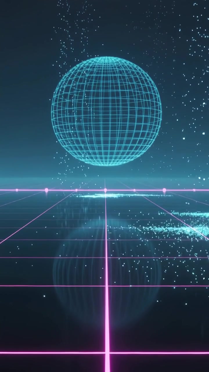 Video verticale: Particelle in avvio, sfera reticolare ciano che scende e si dissolve su un piano a griglia neon