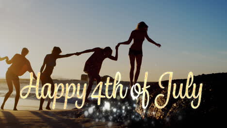 happy 4th of july greeting and silhouette of friends by the beach 4k