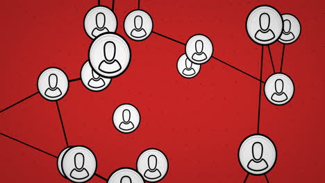 animación de la red de conexiones con los iconos de las personas en fondo rojo
