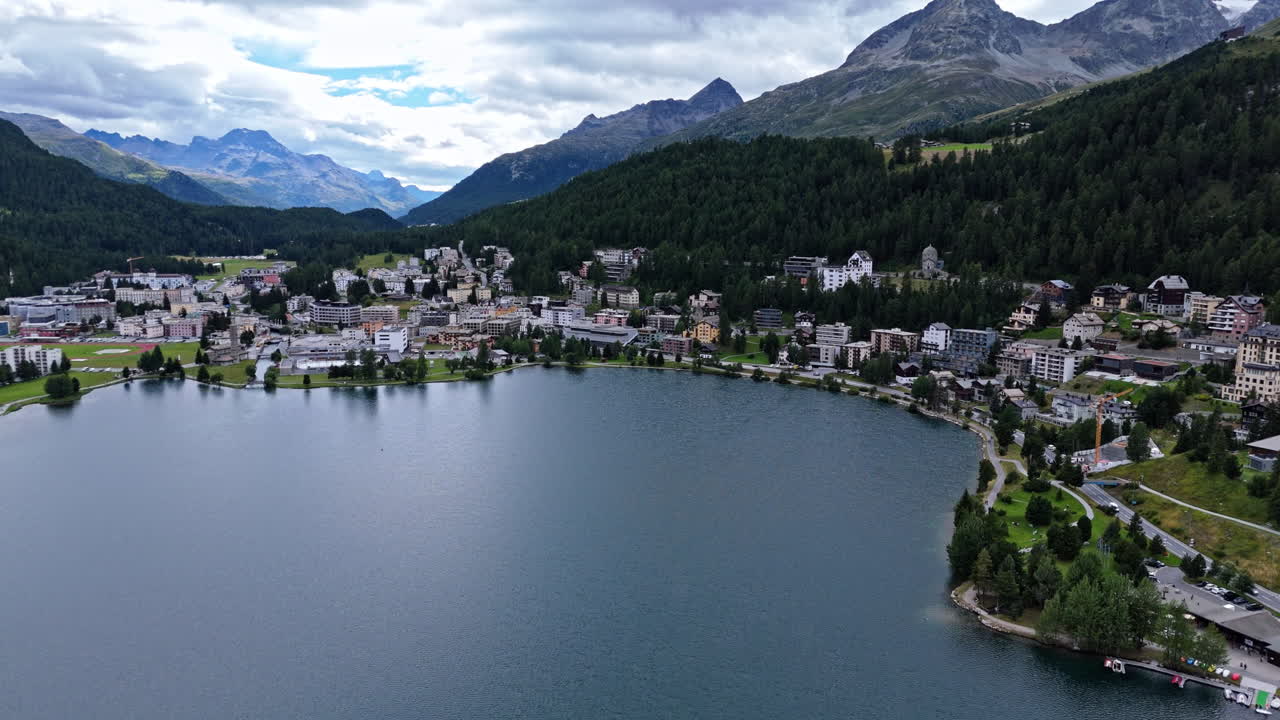 Aerial view of Saint Moritz, serene lake and mountains in scenic setting