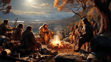 campfire gathering among ancient tribes in a forested valley