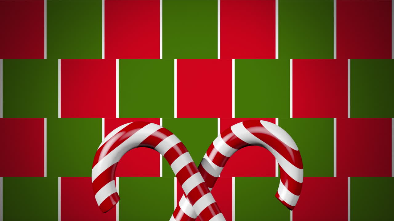 animación de bastones de caramelo en navidad sobre un fondo rojo y verde