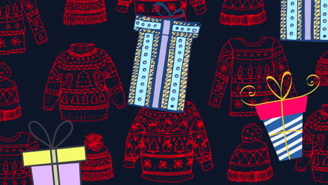 animación de regalos que caen sobre suéteres y gorras en navidad