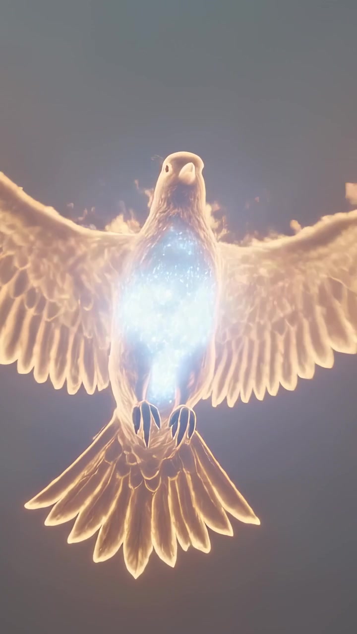 Video verticale: Nucleo blu che si infiamma, uccello d'oro scintillante che si espande e lancia braci contro il cielo crepuscolare