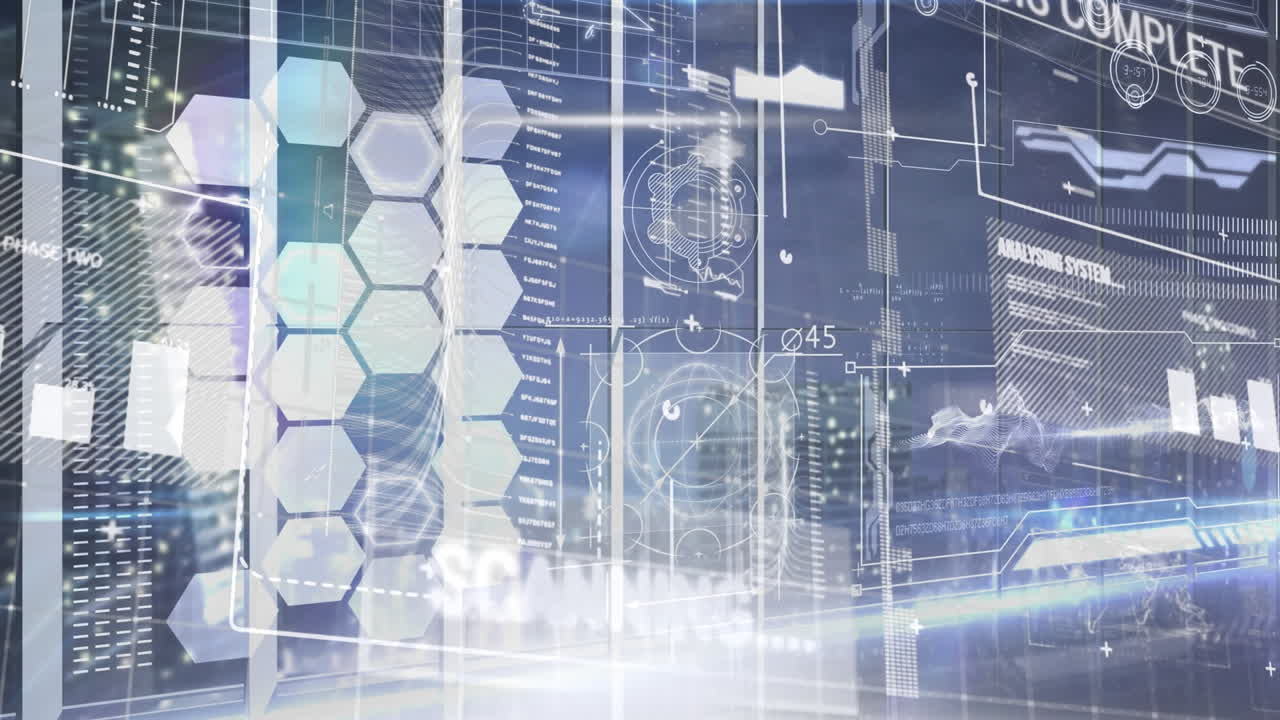 파란색 배경에 데이터 처리를 가진 컴퓨터 디지털 인터페이스의 디지털 애니메이션