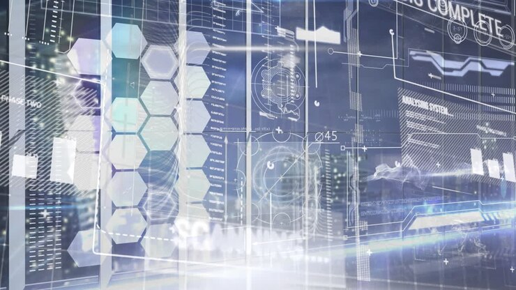 Digital animation of computer digital interface with data processing on blue background