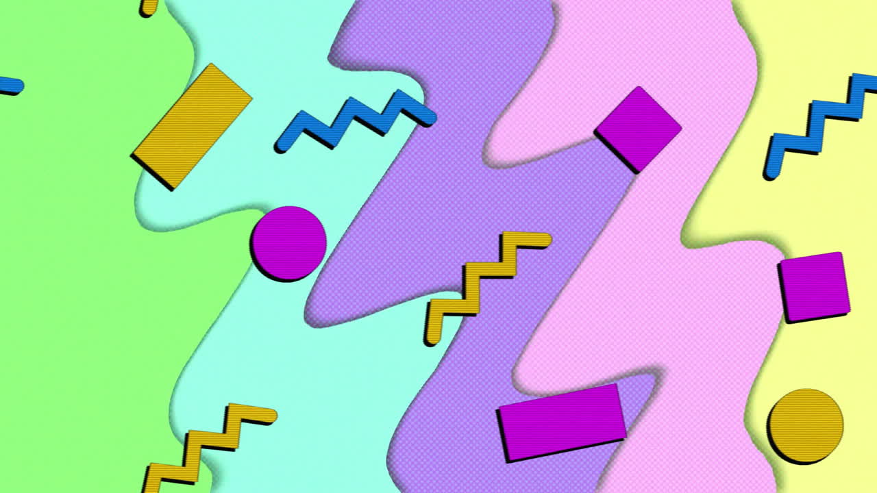 Animation of colourful shapes moving on colourful background