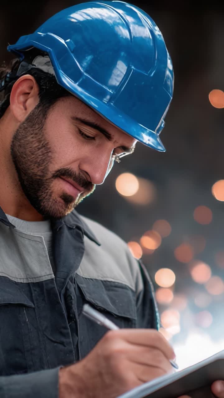 Trabalhador da construção focado, usando capacete de segurança e anotando em uma prancheta em meio à intensa névoa em oficina, capturando a essência da dedicação e precisão