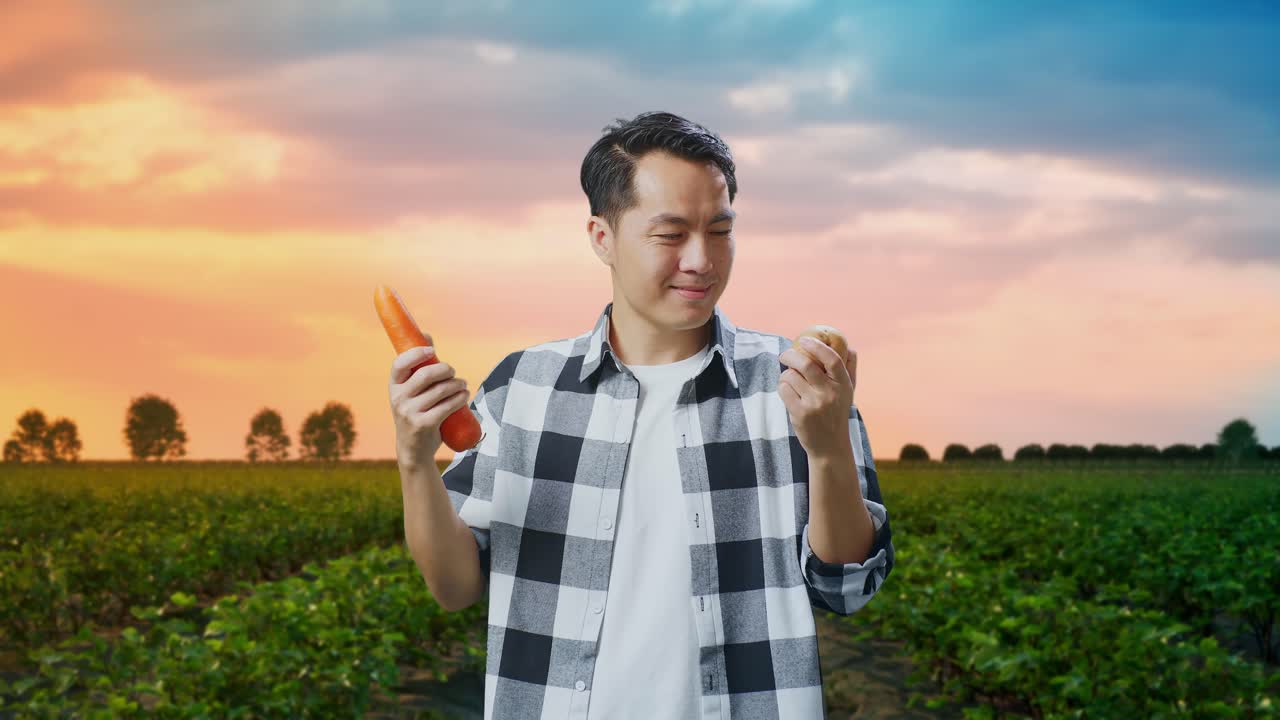 아시아 남성 농부 는  에서 따뜻 한 미소 를 지으면서 감자 와 당근 을 들고 있다