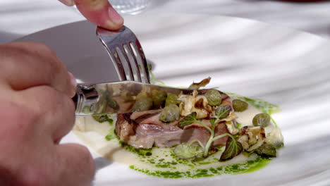 person cutting a gourmet dish with a knife and fork