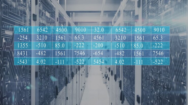 Animation of data processing and connections over server room