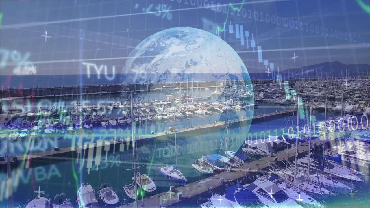 Globe and financial data animation over marina with boats and yachts