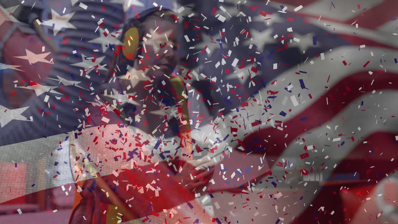 배경 에 있는 사람 위 에 흔들리는 미국  ⁇ 발 의 애니메이션