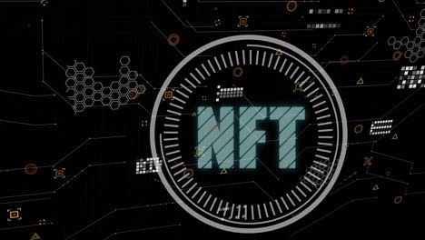 animation of scope scanning with nft text over data processing on black background