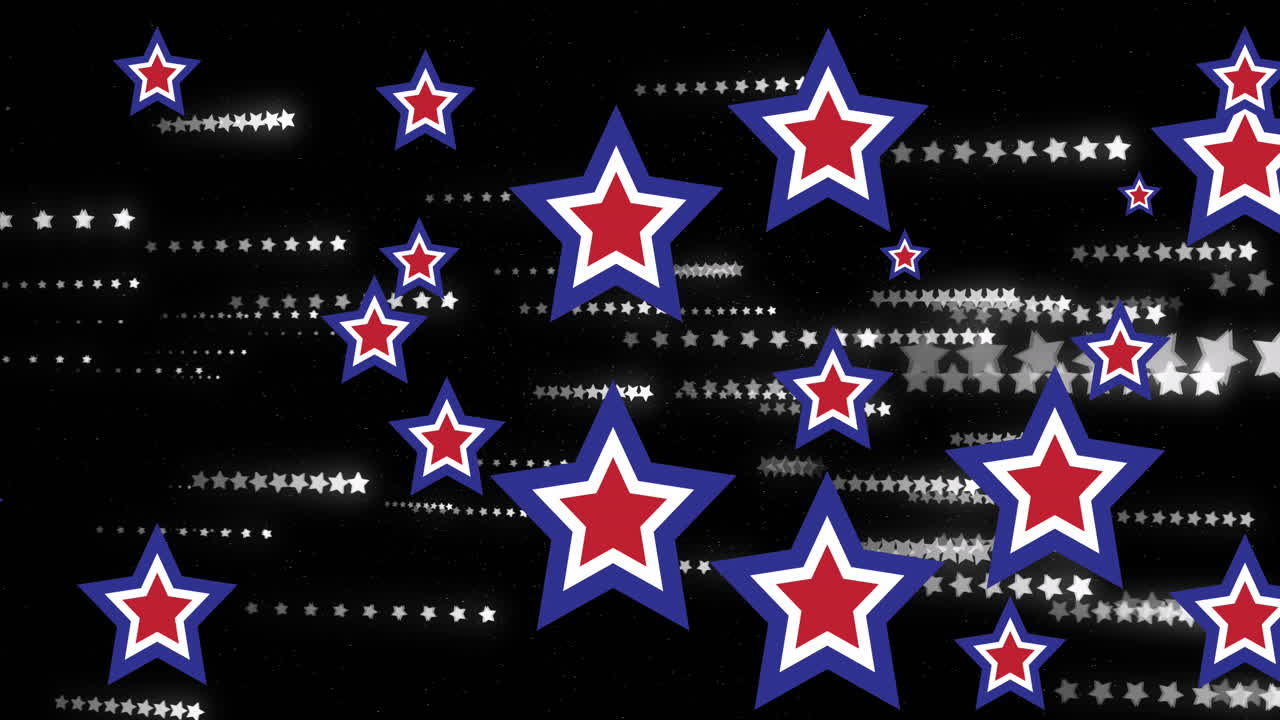 검은 바탕에 파란색, 색 및 빨간색 별의 애니메이션