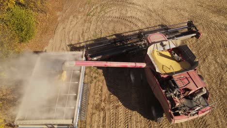 Top-View-Of-A-Combine-Harvester-Loading-To-A-Tractor-On-Soya-Fields-In-Monroe-County,-Michigan,-USA