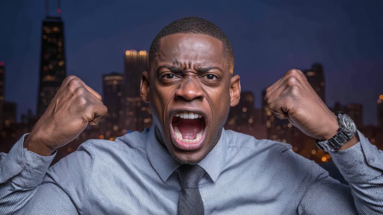 Uma demonstração intensa de emoção: um homem gritando apaixonadamente contra o horizonte da cidade, exibindo a expressão humana crua e a linguagem corporal poderosa