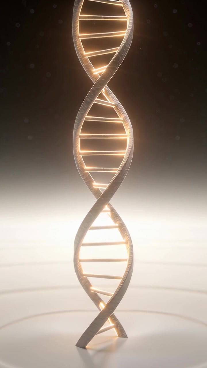 Vertical video: On start rotating DNA helix revealing glowing rungs and rippled floor in studio