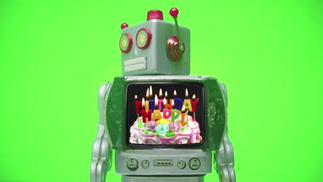 un robot de televisión retro camina con un mensaje de cumpleaños feliz