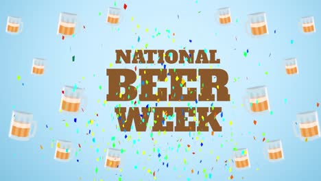 confetti over national beer week text banner against multiple beer pitchers icons on blue background