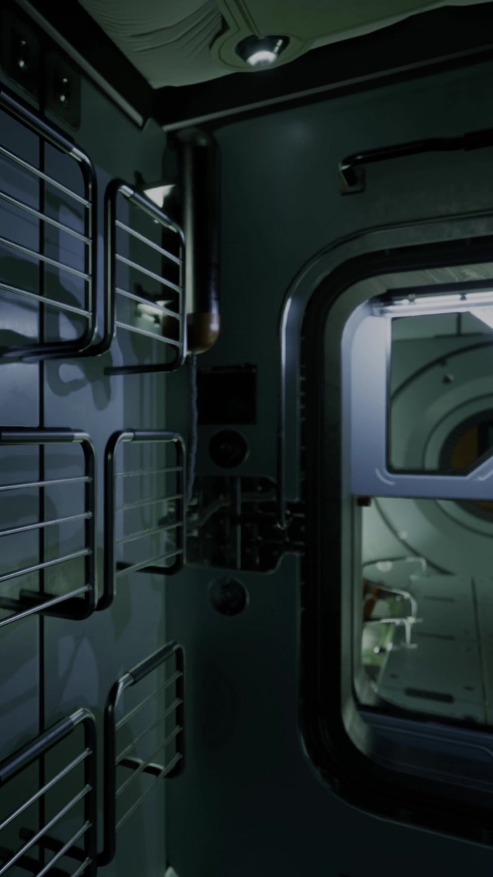 L'interno di una stazione spaziale mostra scaffalature di stoccaggio e l'accesso alla porta della camera di equilibrio.