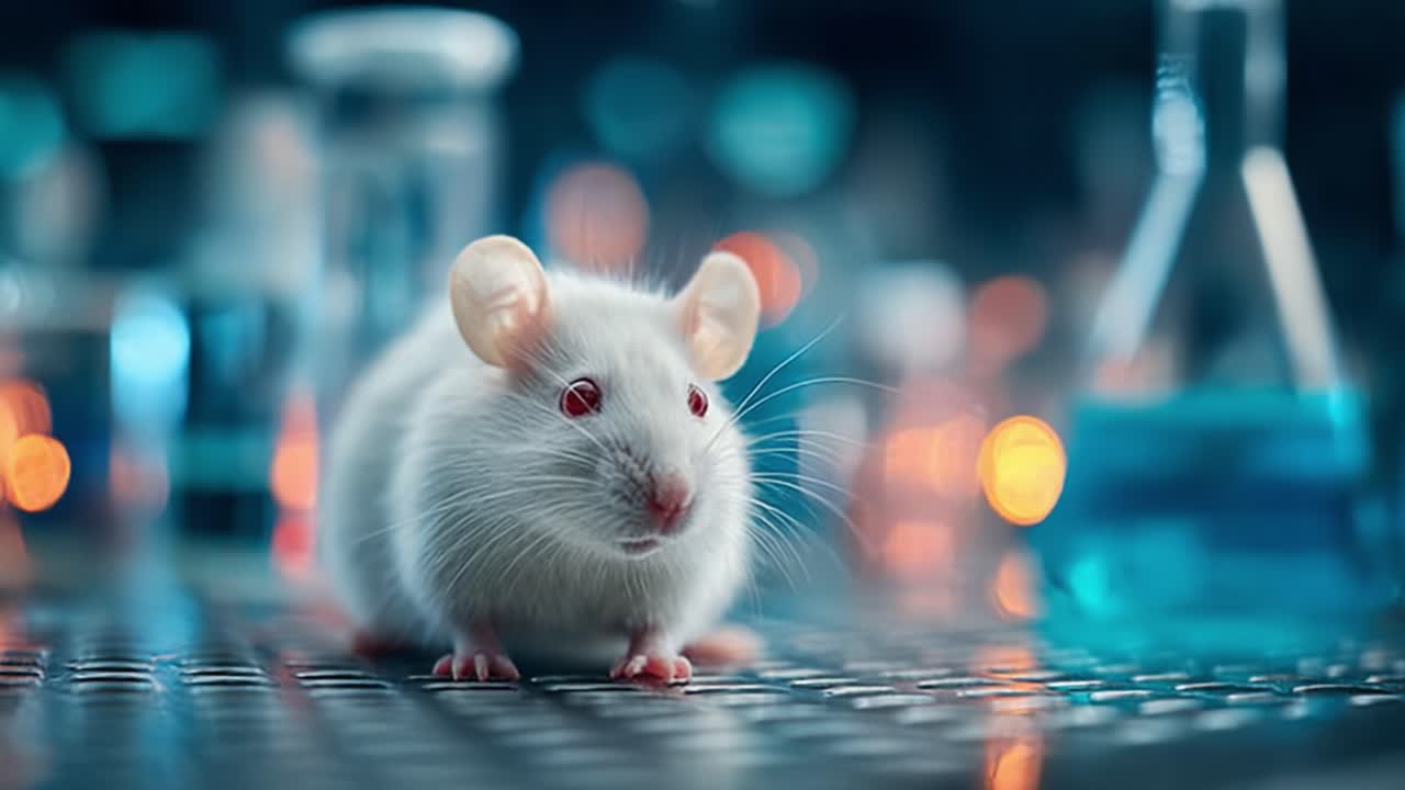 A Scientific Exploration of a White Laboratory Mouse Amidst Colorful Beakers and Glassware in a Research Environment