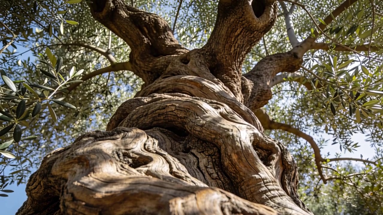 Telecamera che si inclina rivelando un tronco d'albero nodoso e contorto in un boschetto, con la luce del sole che enfatizza i dettagli della corteccia.