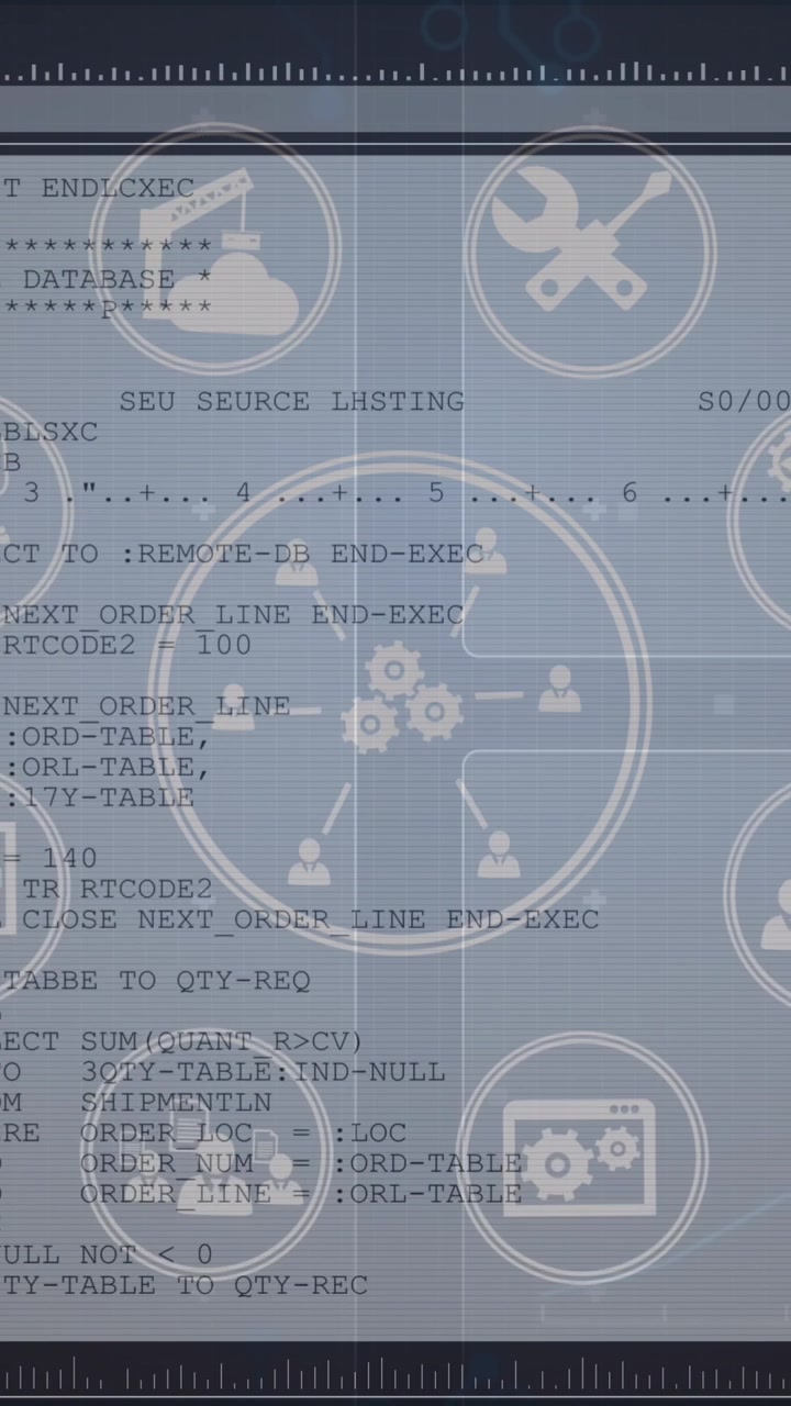 Animation of tech icons and data processing on computer screen